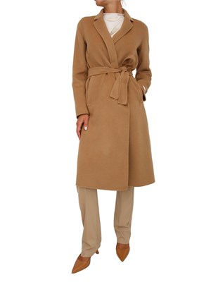 Cappotto Emme Marella in lana cammello con cintura in vita in DONNA