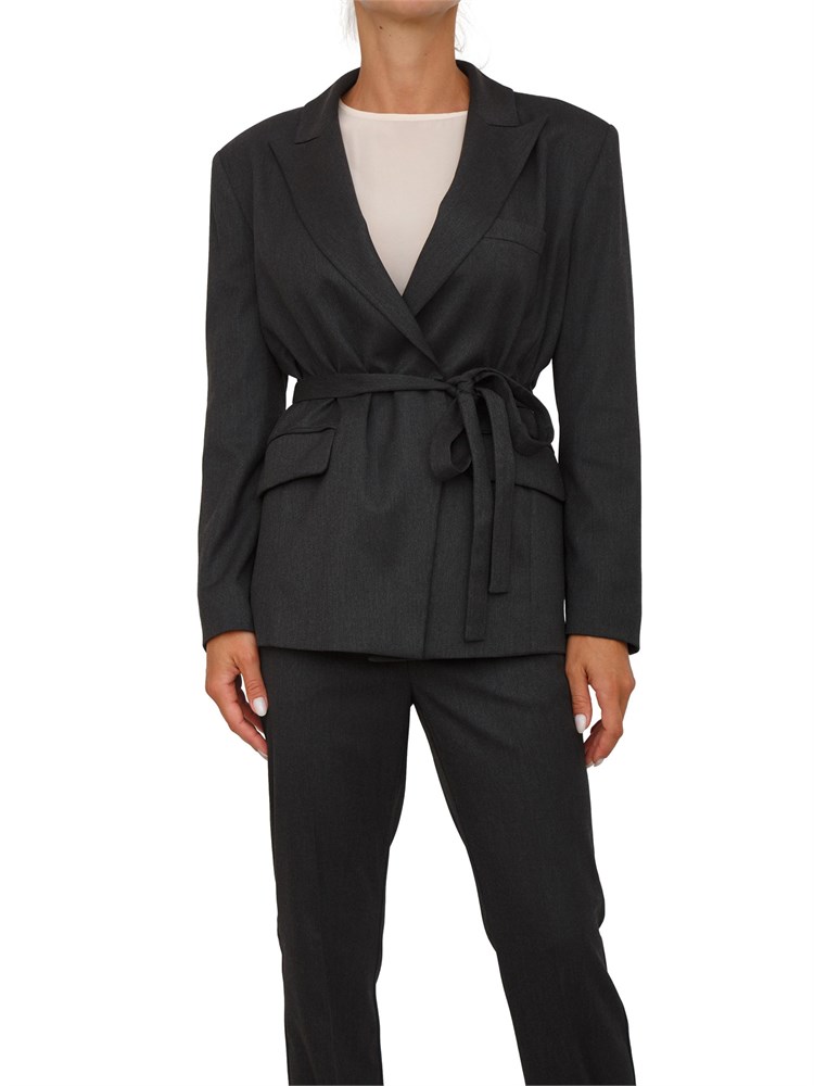 Giacca monopetto Emme Marella in viscosa e lana stretch grigio antracite con cintura in vita