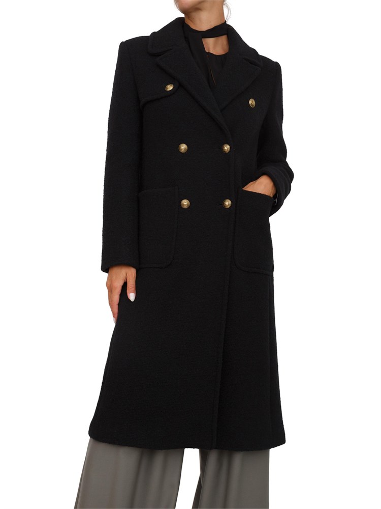 Cappotto Marella doppiopetto in misto lana nera con bottoni oro