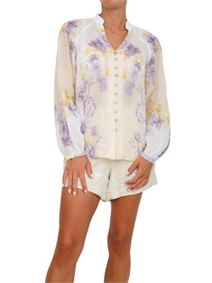 Camicia maniche lunghe Twinset in ramiè beige con fantasia floreale in DONNA