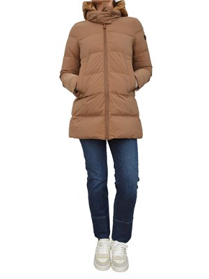 Piumino marrone Peuterey con cappuccio bimaterico a contrasto in DONNA