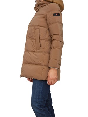 Piumino marrone Peuterey con cappuccio bimaterico a contrasto in DONNA