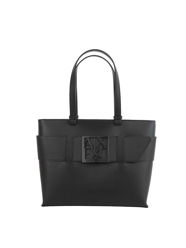 Borsa shopper media Armani Exchange con monogram tono su tono in ecopelle nera