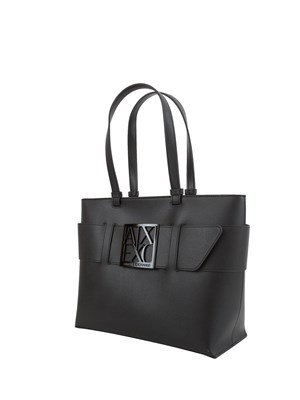 Borsa shopper media Armani Exchange con monogram tono su tono in ecopelle nera in DONNA