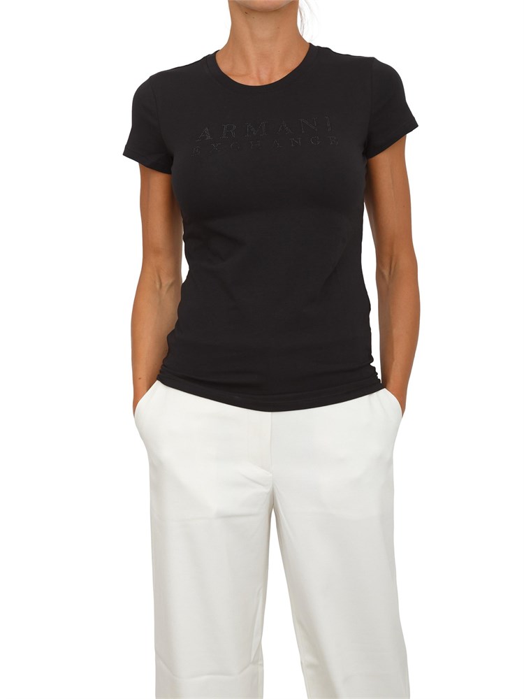 T-shirt donna Armani Exchange in cotone nero con logo strass