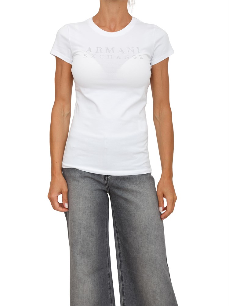 T-shirt donna Armani Exchange in cotone bianco con logo strass