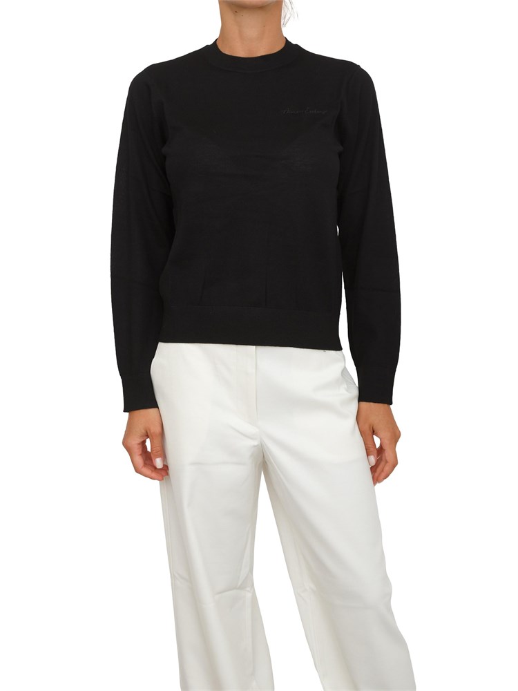 Maglia donna Armani Exchange in misto lana nera con ricamo logo tono su tono