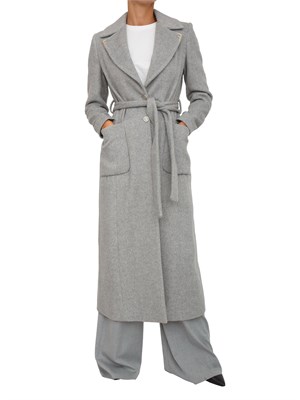 Cappotto lungo Fracomina in lana grigia spigata con logo in metallo e cintura in vita in DONNA