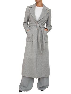 Cappotto lungo Fracomina in lana grigia spigata con logo in metallo e cintura in vita in DONNA