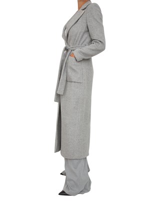 Cappotto lungo Fracomina in lana grigia spigata con logo in metallo e cintura in vita in DONNA