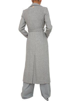 Cappotto lungo Fracomina in lana grigia spigata con logo in metallo e cintura in vita in DONNA