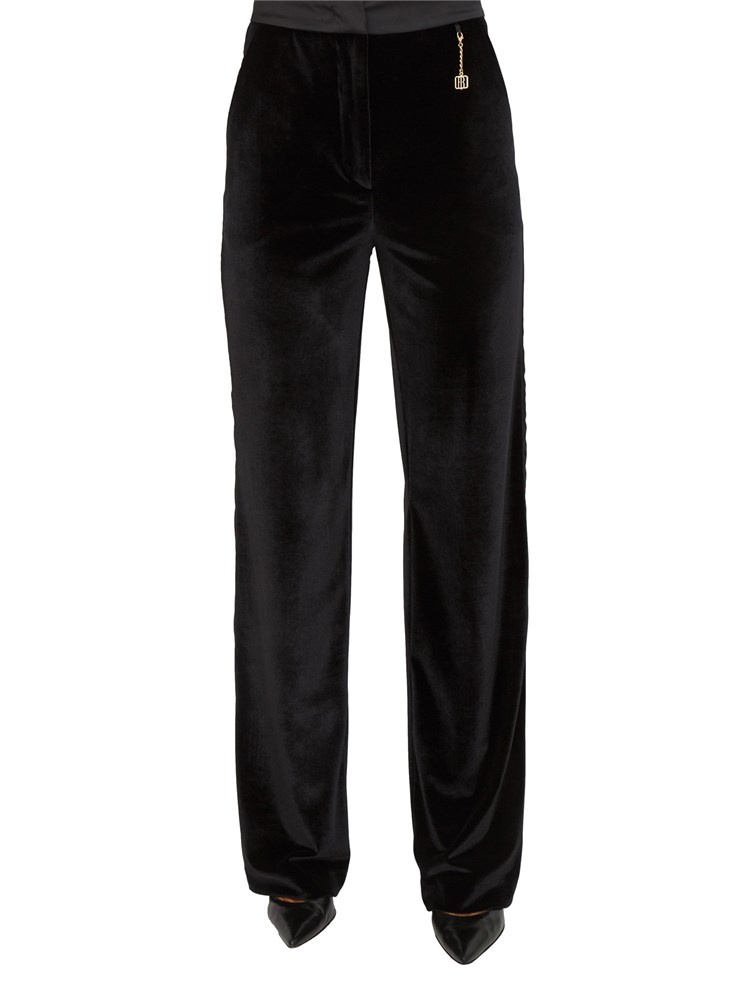 Pantaloni palazzo Fracomina in velluto nero con banda lucida