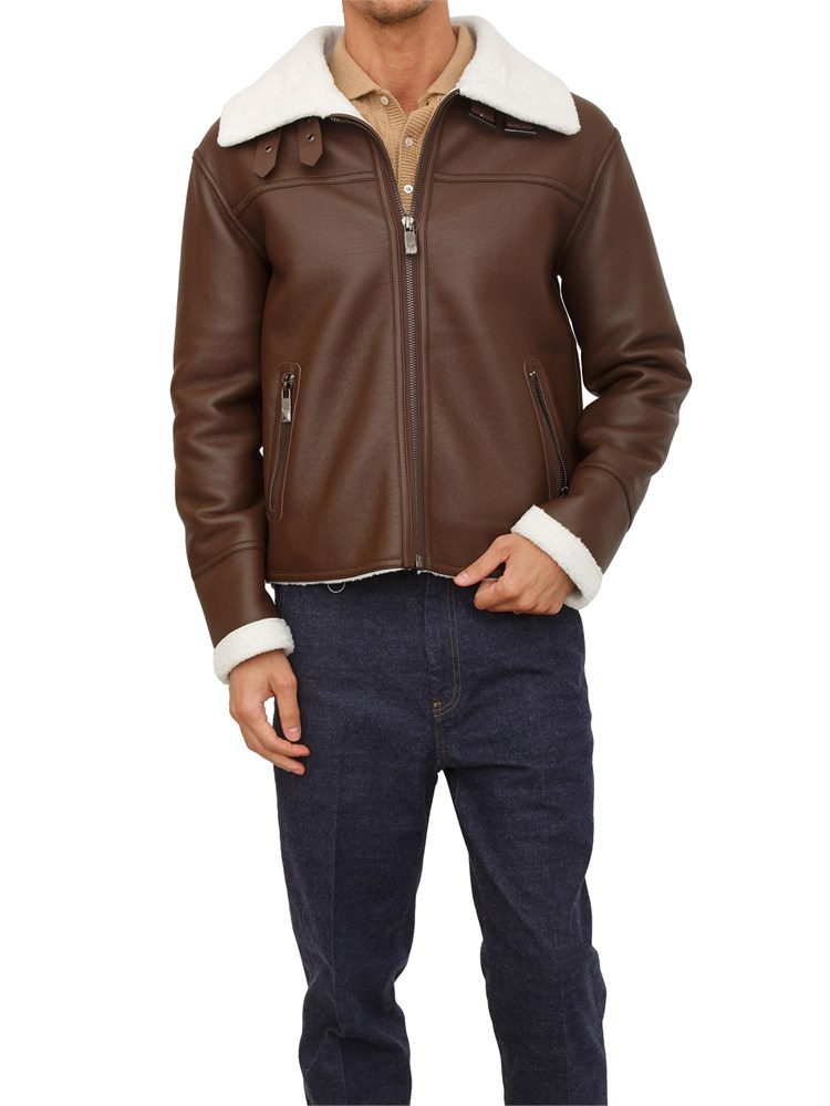 Giubbotto biker marrone Richmond X uomo con collo in pelliccia sintetica