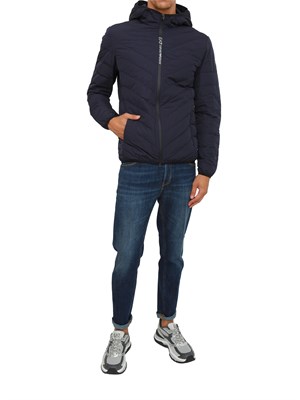 Piumino blu EA7 packable con cappuccio Premium Shield in UOMO