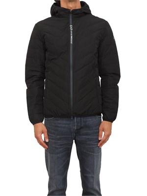 Piumino nero EA7 packable con cappuccio Premium Shield in UOMO