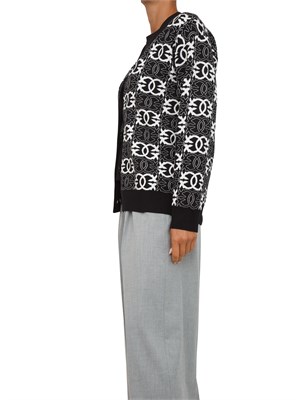 Cardigan over Pinko in morbida lana con logo all over a contrasto bianco e nero in DONNA