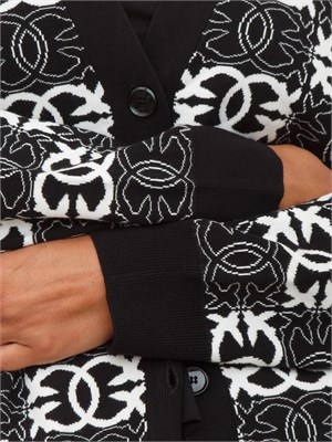 Cardigan over Pinko in morbida lana con logo all over a contrasto bianco e nero in DONNA