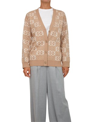Cardigan over Pinko in lana con logo all over cammello e bianco in DONNA