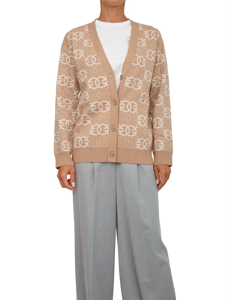 Cardigan over Pinko in lana con logo all over cammello e bianco