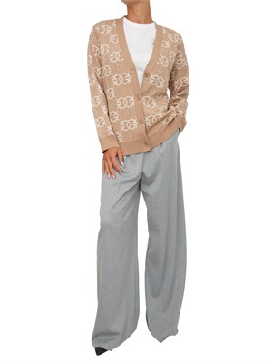 Cardigan over Pinko in lana con logo all over cammello e bianco in DONNA