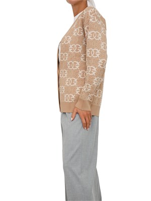 Cardigan over Pinko in lana con logo all over cammello e bianco in DONNA