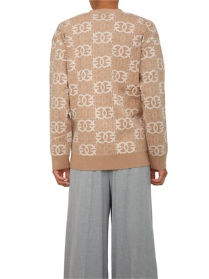Cardigan over Pinko in lana con logo all over cammello e bianco in DONNA