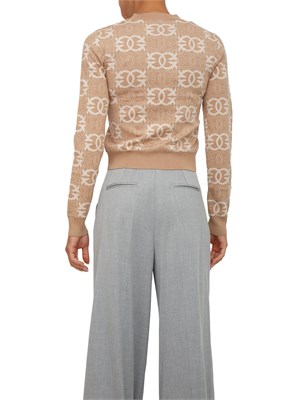 Maglia cropped Pinko in lana con fantasia logo all over cammello e bianco in DONNA