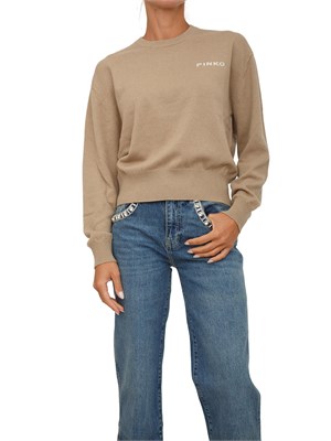 Maglia Pinko in lana e cashmere cammello con maxi logo a contrasto dietro in DONNA