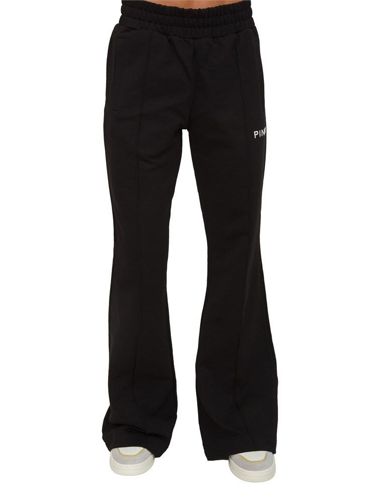 Pantaloni jogger Pinko modello flare in morbido cotone nero e logo a contrasto