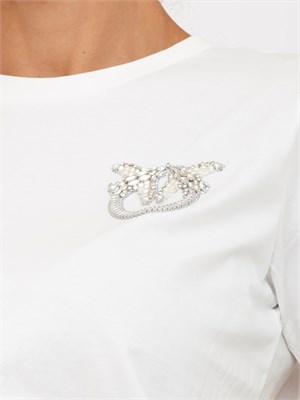 T-shirt Pinko in cotone bianco con ricamo logo in cristalli in DONNA