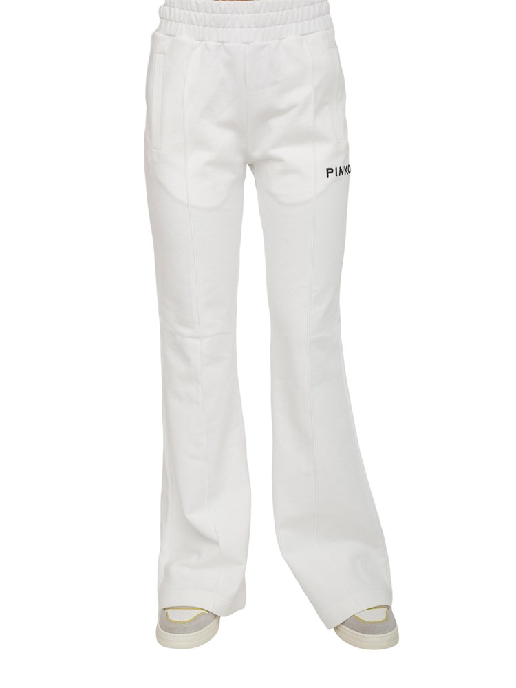 Pantaloni jogger Pinko modello flare in morbido cotone bianco e logo a contrasto