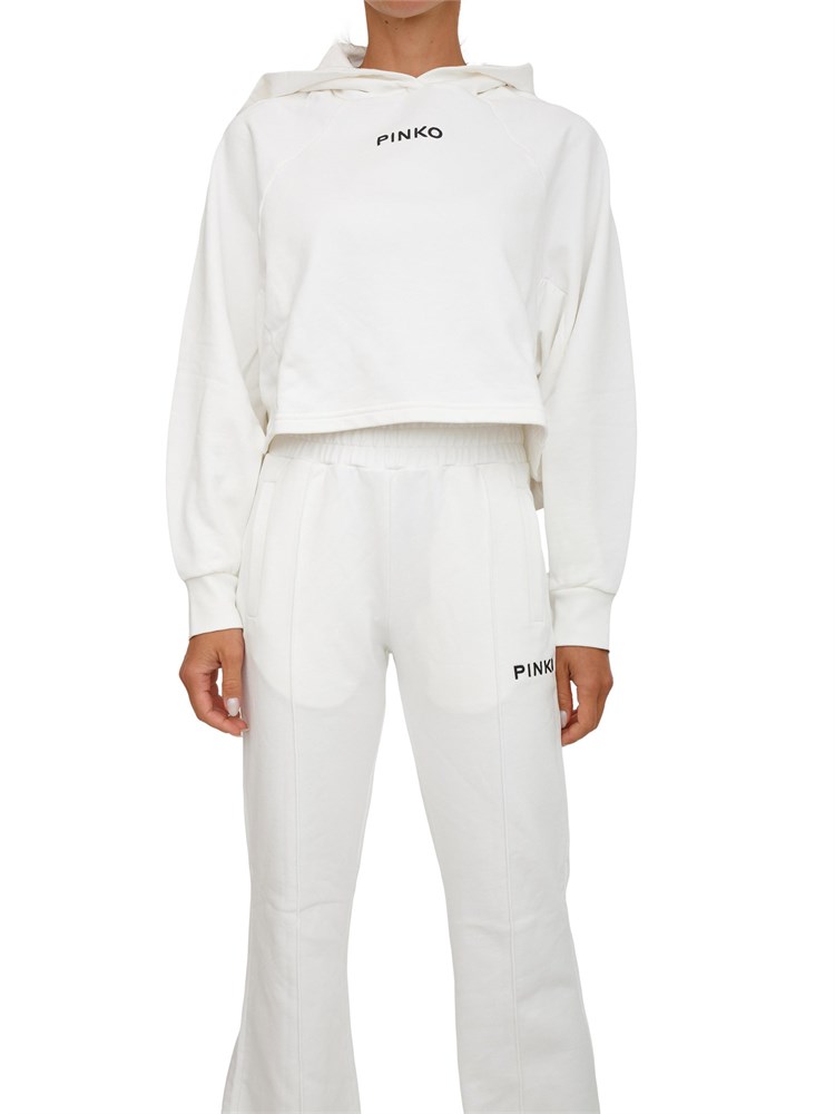Felpa cropped Pinko con cappuccio in cotone bianco e logo a contrasto