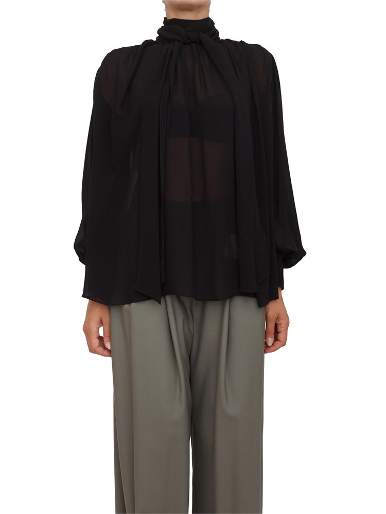 Camicia blusa Marella in georgette di viscosa nera con fiocco e arricci su scollo