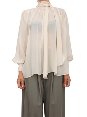 Camicia blusa Marella in georgette di viscosa rosa con fiocco e arricci su scollo in DONNA