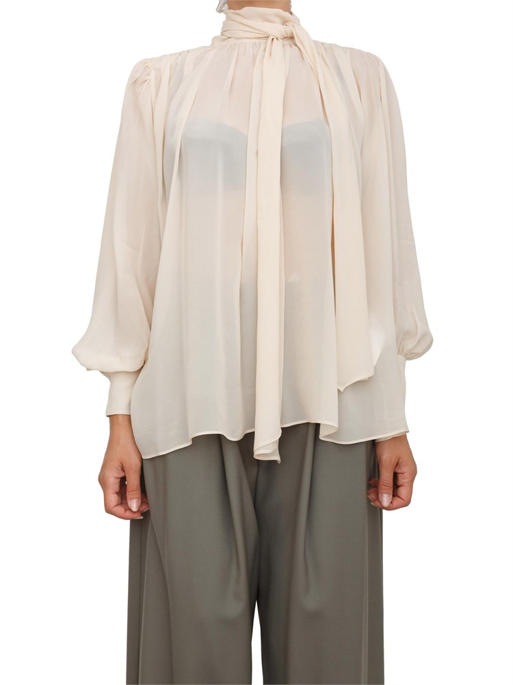 Camicia blusa Marella in georgette di viscosa rosa con fiocco e arricci su scollo