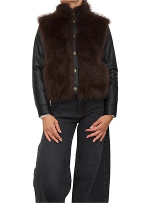 Giubbino Twinset in ecopelle nera e pelliccia ecologica marrone in DONNA