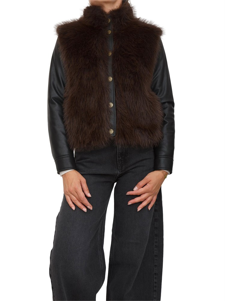 Giubbino Twinset in ecopelle nera e pelliccia ecologica marrone