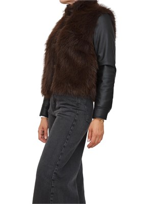 Giubbino Twinset in ecopelle nera e pelliccia ecologica marrone in DONNA