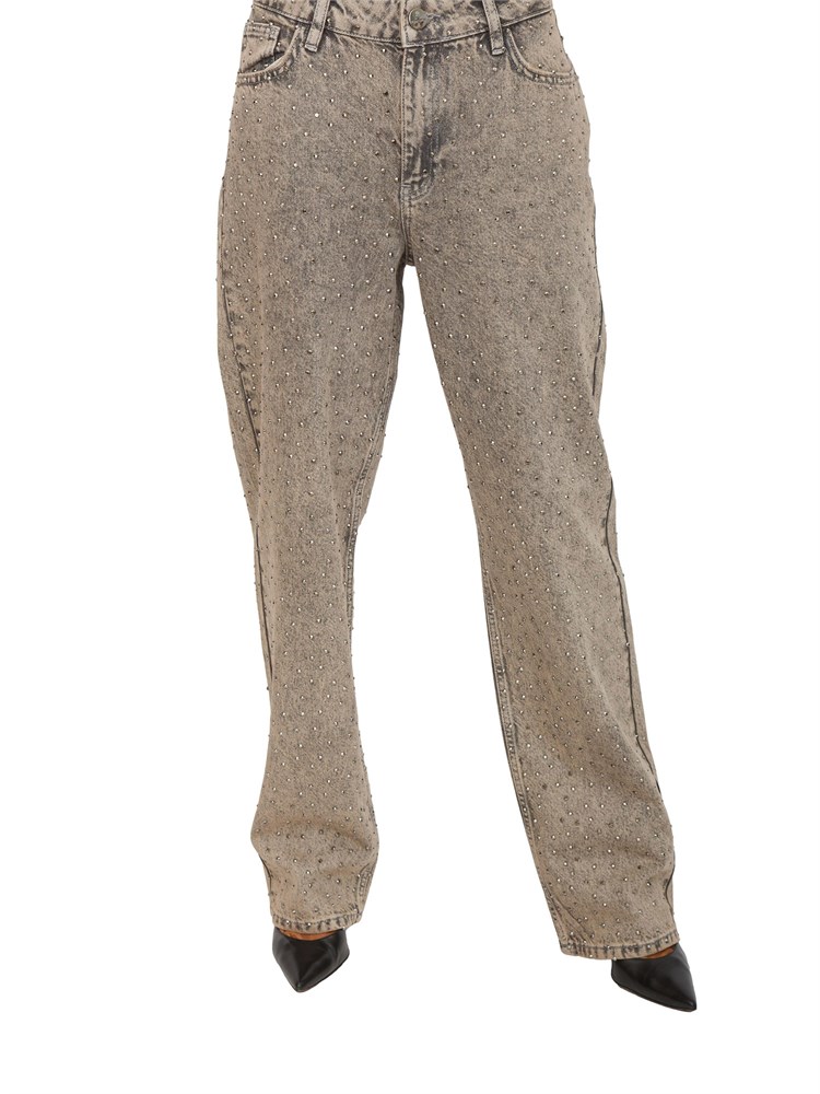 Jeans flare Fracomina in denim grigio taupe con lavaggio sporcatura e strass