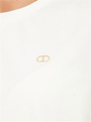 T-shirt Twinset in jersey di cotone bianco con placchetta Oval T strass in DONNA