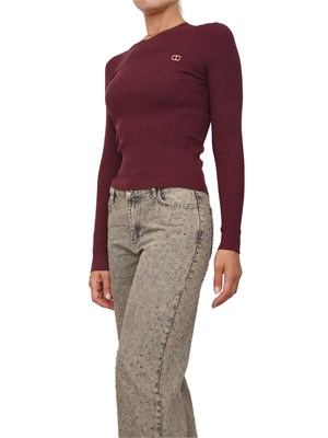 Maglia Twinset in filato a costine bordeaux con lavorazione traforata in DONNA