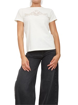T-shirt Twinset in jersey di cotone bianco panna con pizzo intarsiato in DONNA