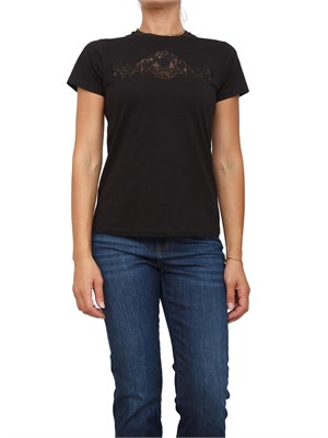 T-shirt Twinset in jersey di cotone nero con pizzo intarsiato in DONNA