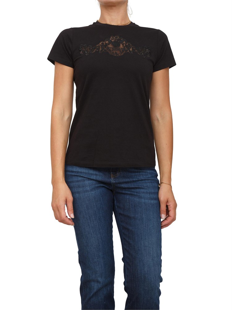 T-shirt Twinset in jersey di cotone nero con pizzo intarsiato