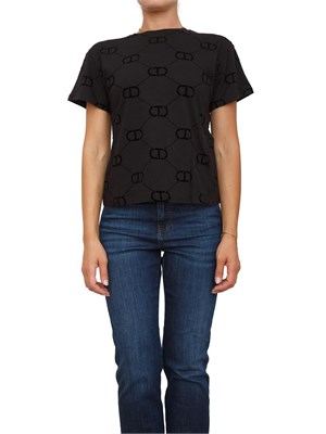 T-shirt Twinset in jersey di cotone nero con stampa flock Oval T in DONNA