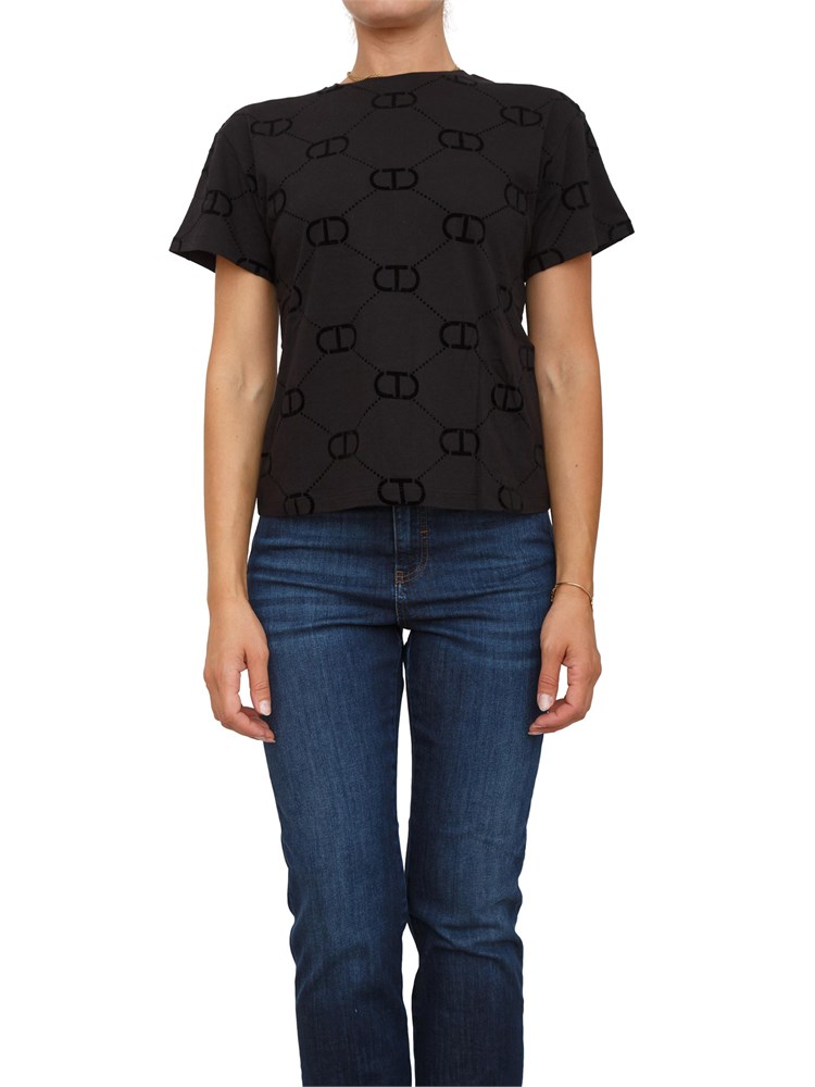 T-shirt Twinset in jersey di cotone nero con stampa flock Oval T