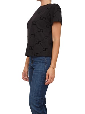T-shirt Twinset in jersey di cotone nero con stampa flock Oval T in DONNA
