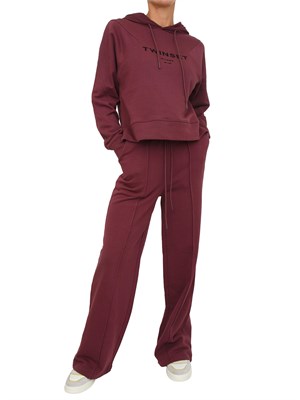 Tuta sportiva Twinset felpa+pantaloni in jersey di cotone bordeaux con logo contrasto in DONNA