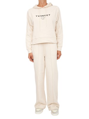 Tuta sportiva Twinset felpa+pantaloni in jersey di cotone avorio con logo contrasto in DONNA