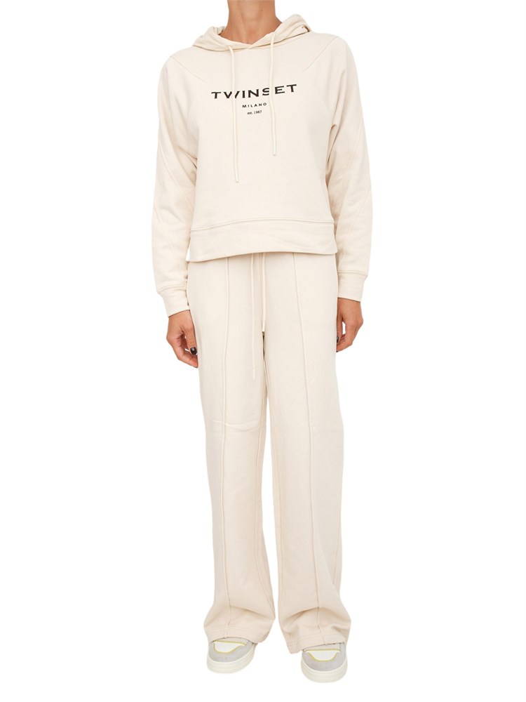 Tuta sportiva Twinset felpa+pantaloni in jersey di cotone avorio con logo contrasto